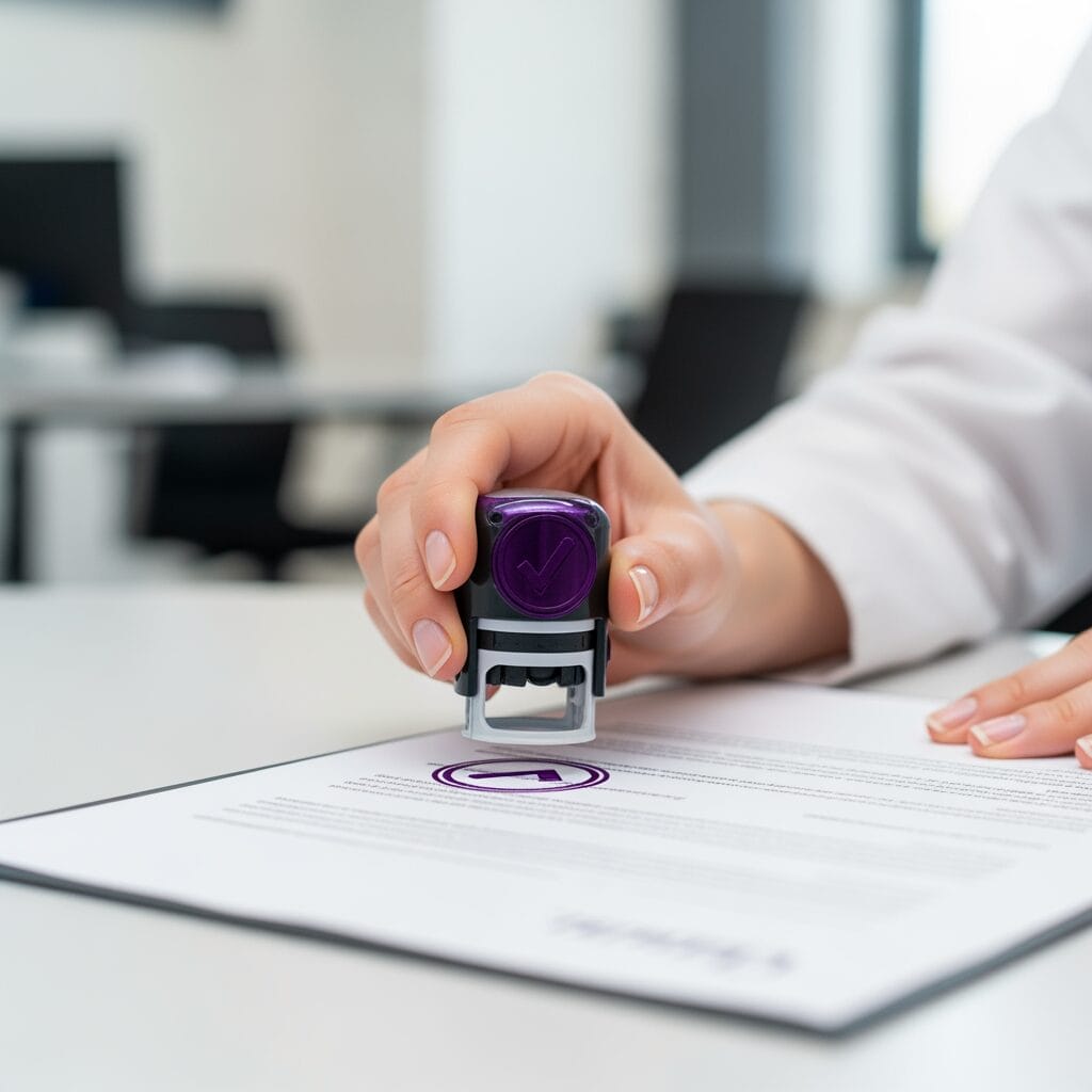 A person’s hand presses a purple stamp onto a document on a white desk. The document is partially visible with printed text. The background shows a blurred office setting with chairs and a desk.