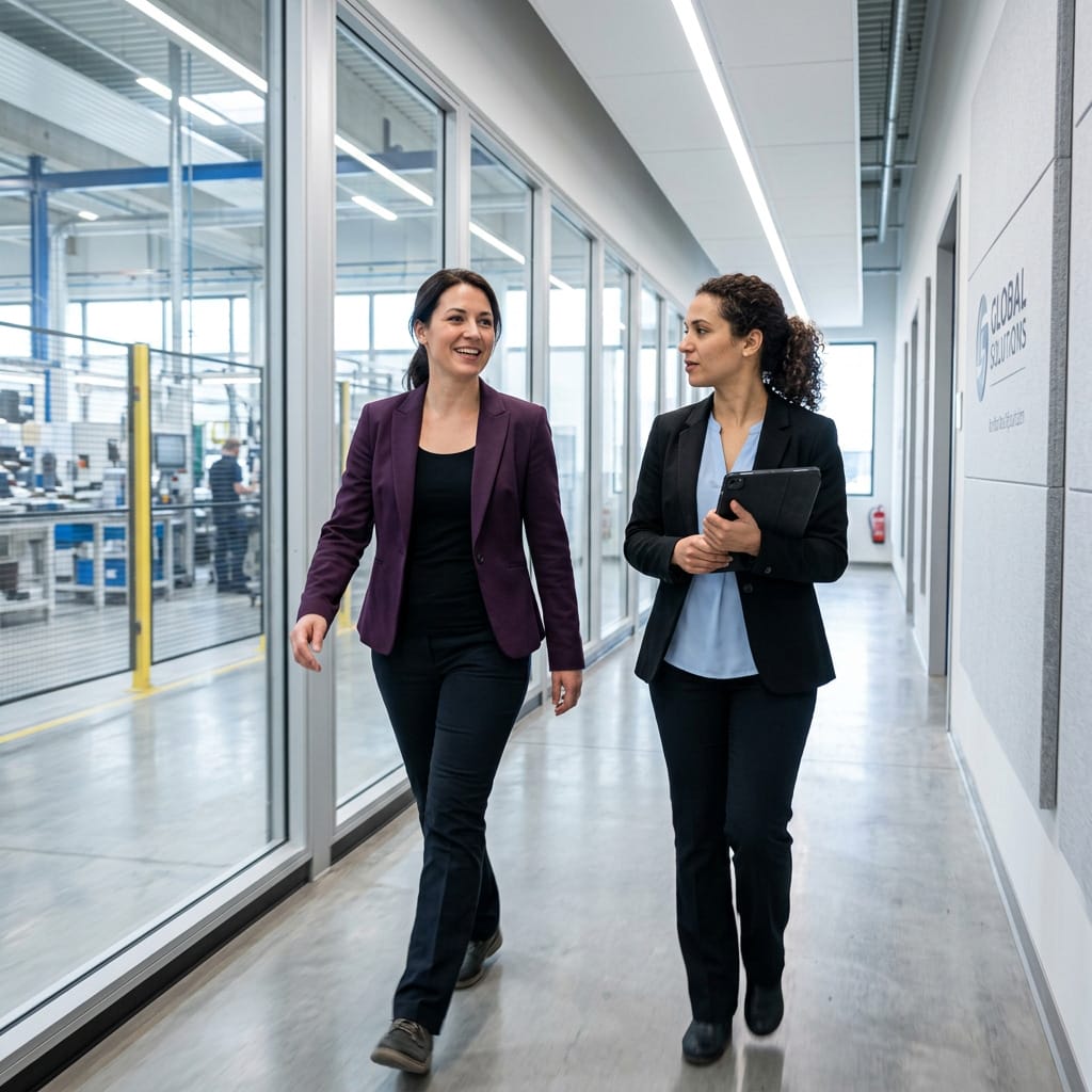 Two professionally dressed women walk and talk in a modern office hallway with glass walls. One holds a tablet. An industrial workspace is visible through the windows, and a "Global Solutions" sign is seen on the wall to the right.