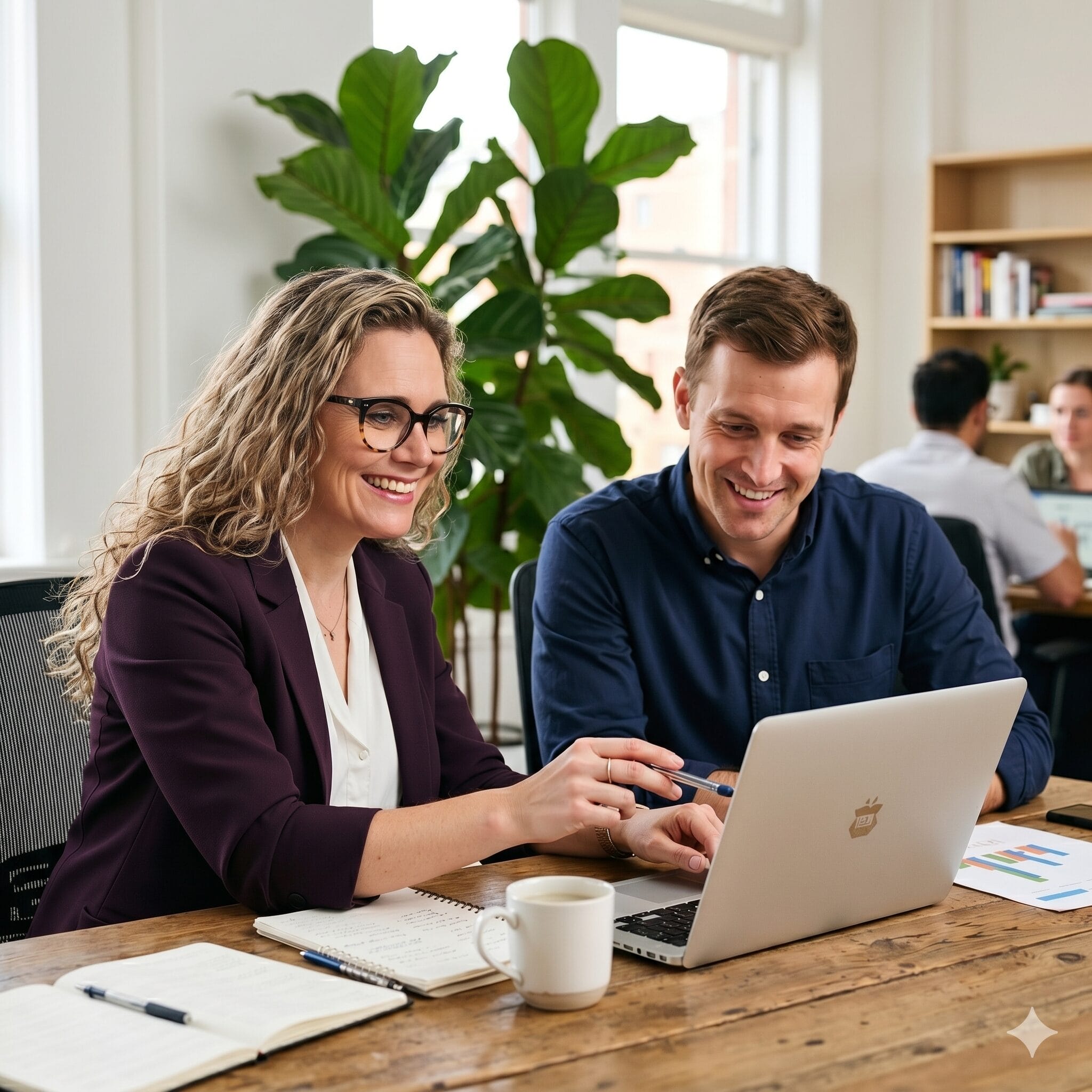 Two smiling colleagues sit at a wooden desk, looking at a laptop. The woman with curly hair and glasses gestures at the screen with a pen. Both have notebooks and coffee mugs. A potted plant and other people working appear in the bright, modern office background.