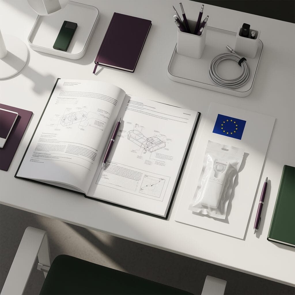 A white desk with an open technical manual, a purple pen, a closed notebook, office accessories, a smartphone, and a tray holding a sealed electronic device with an EU flag card. Shadows from nearby objects fall across the neat, modern workspace.