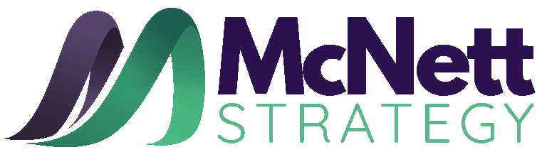 A logo with two flowing, ribbon-like shapes in dark purple and green on the left, followed by the words "McNett" in bold dark purple font and "STRATEGY" in lighter green uppercase letters to the right.