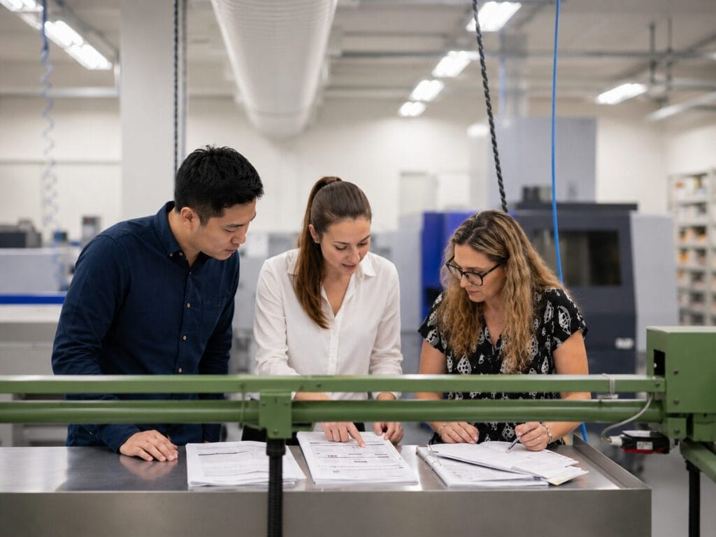 Three colleagues stand around a metal table in a bright industrial office, closely reviewing documents and blueprints together. The environment features machinery and shelves in the background, suggesting a technical or engineering workspace.