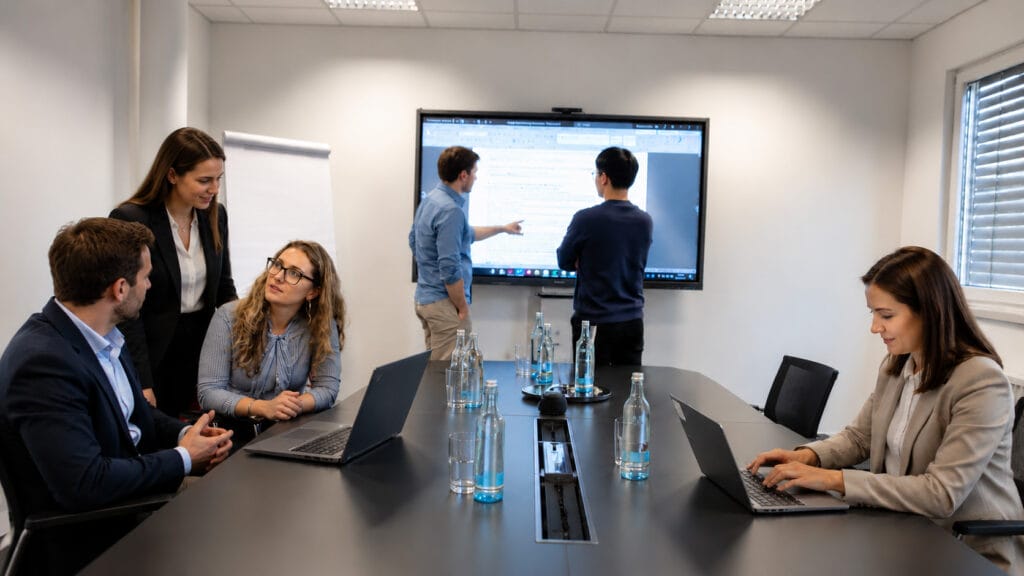 Six professionals in business attire are in a modern conference room. Three work on laptops at a table with bottled water, while two stand by a large screen displaying text, discussing its content. Another person stands nearby. The room is bright and organized.